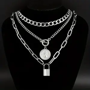 3pcs Retro Elegant Punk Style Twist Lock Pendant Necklace Set, Exaggerated Multi-Layered Collarbone Chain for Men and Women, Perfect for Vacation, Dating, Daily Wear, Party Accessories, High-Quality with