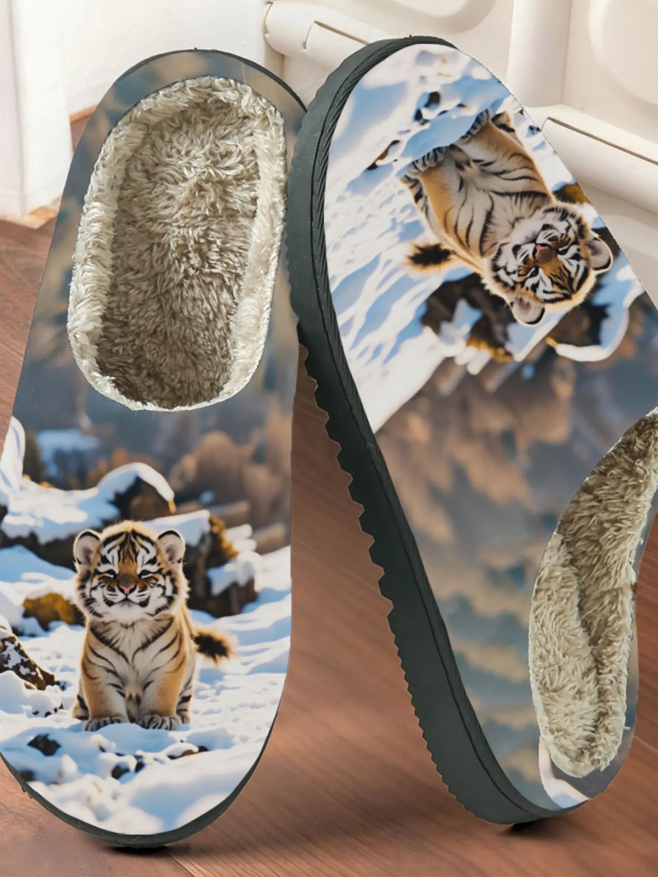 Unisex Snow Tiger Printed Cotton Slippers, Soft Plush Lining Anti-Slip Thick Sole, Casual Fall & Winter Warm Home Shoes