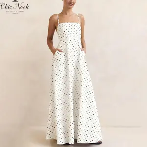 Women's Summer Slip Dress Dot Print Sleeveless Spaghetti Strap Backless Long A Line Dress with Pockets