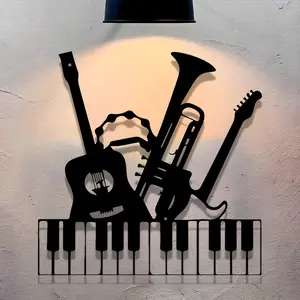 Elegant Metal Wall Decor Musical Instruments Silhouette on Piano Keys Theme for Home Office Living Room Perfect Gift for Holidays