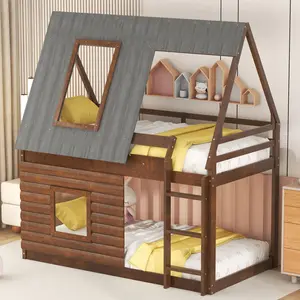 Bellemave Twin Size House Loft Bed Frame - Unique Bedroom Furniture, Solid Pine Wood & MDF Construction, Sturdy Design, Safety Guaranteed, with Roof Ladder and 2 Windows