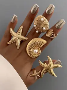 Women's Oceanic Shell & Starfish Ring Set, Oceanic Elements Vintage Boho Pearl Alloy Jewelry, Adjustable Unique Design Rings for Daily Wear