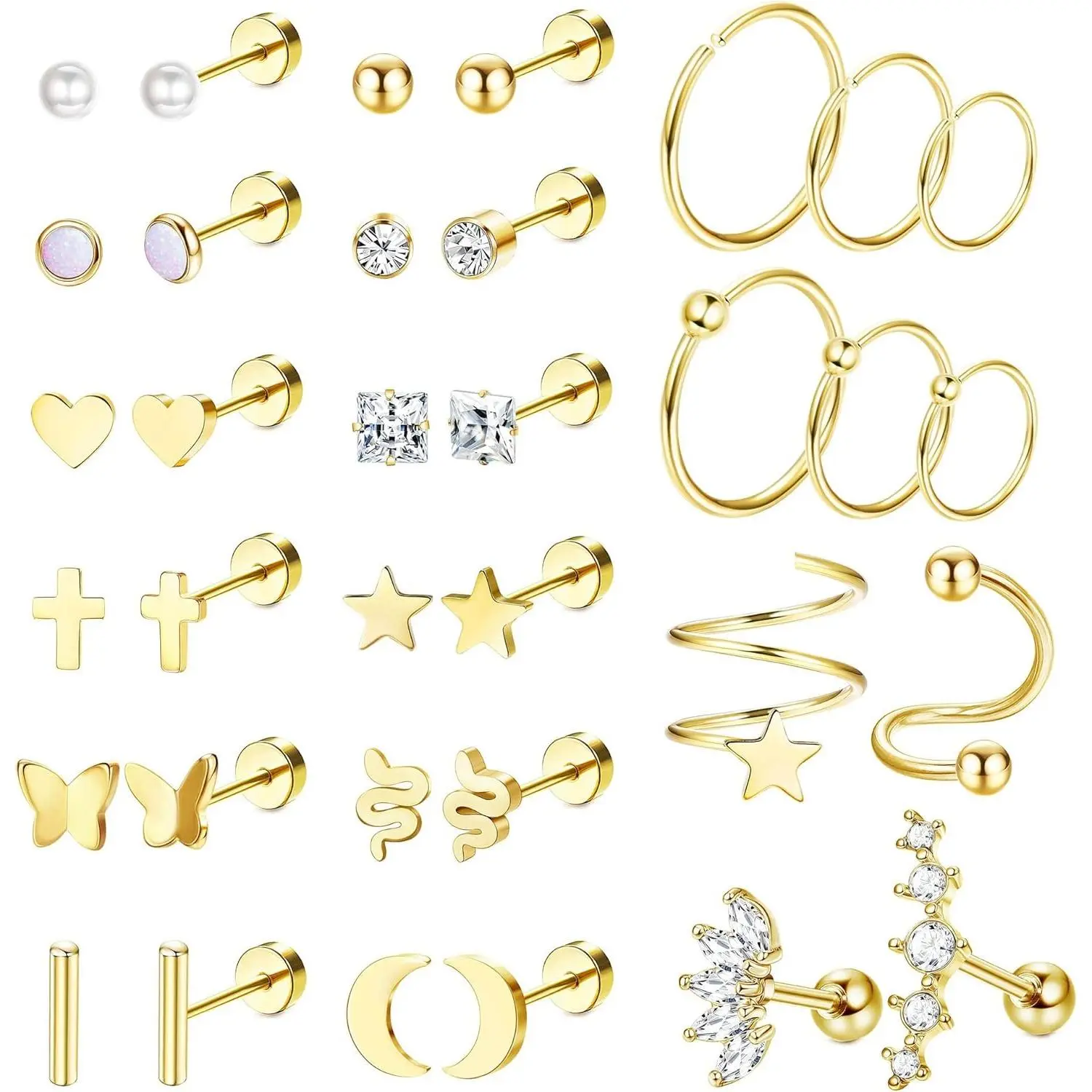 YADOCA 20G Surgical Steel Stud Earrings for Women Multipack Cartilage Earring Studs Hoops CZ Heart Star Flat Back Earrings Helix Piercing Jewelry