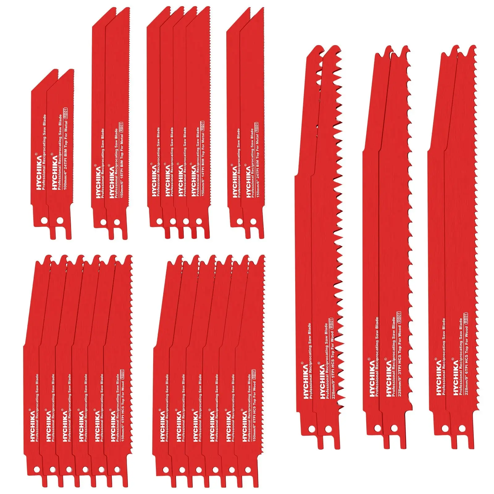 HYCHIKA 32-Piece Heavy Duty Reciprocating Saw Blade Set - 10 Bi-Metal, 22 Carbon Steel Blades for Metal, Wood Cutting, Hardware Power Tool Accessories with Convenient Storage Organizer Case