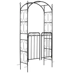Outsunny 84" Garden Arch Arbor with Gate, Metal Arch Trellis, Garden Archway for Climbing Vines, Wedding Ceremony Decoration, Flourishes & Arrow Tips, Black