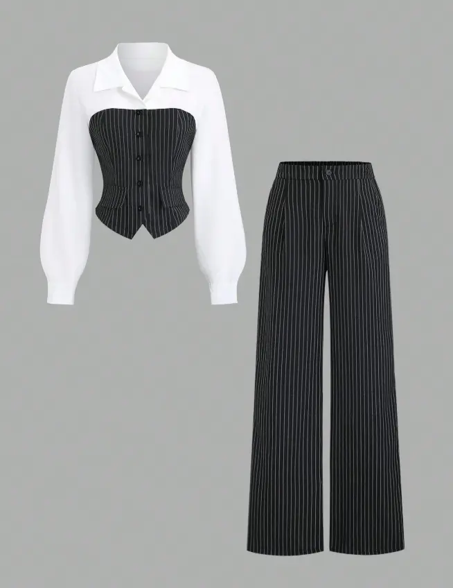 Women Striped Patchwork Lapel Long Sleeve Asymmetrical Blouse&Straight Leg Pants Suit,Black White Checkered,Fall Winter,Elegant,Office Teacher Outfit