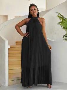 【Plus Size】 Solid Color Halter Neck Dress, Plus Casual Fashion Sleeveless Long Dress for Daily Outdoor Wear, Women Clothing for Summer, Halter Strap Dress