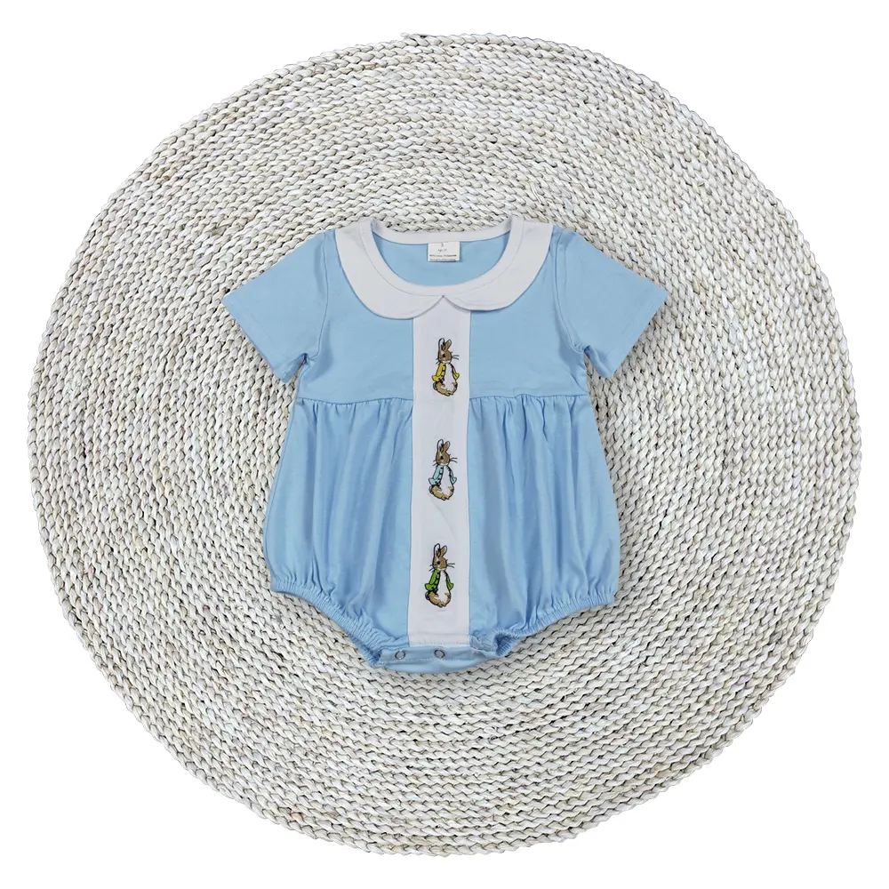 Infant Baby Boys Easter Rabbits Embroidery Collar Cotton Boutique Short Sleeve Bubble Rompers