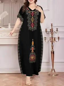 Plus Size Women's V Neck Short Sleeve Embroidered Dress, Bohemian Vintage Style, Mixed Fabric, Floral Design, Casual Home Wear