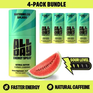 ALLDAY Caffeine Energy Spray - Sour Bold Flavor | Pocket Size Energy Shot with L-Theanine + Vitamin B12 | Sugar Free Caffeine Alternative | Support Focus | Faster Energy Boost | 4 Pack