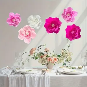 6Pcs Pink Paper Flower Artificial Crepe Paper Bright Pink White Wall Decoration Wedding Birthday Bride Baby Shower Classroom Nursery Background Center Decoration Decorative Fruit
