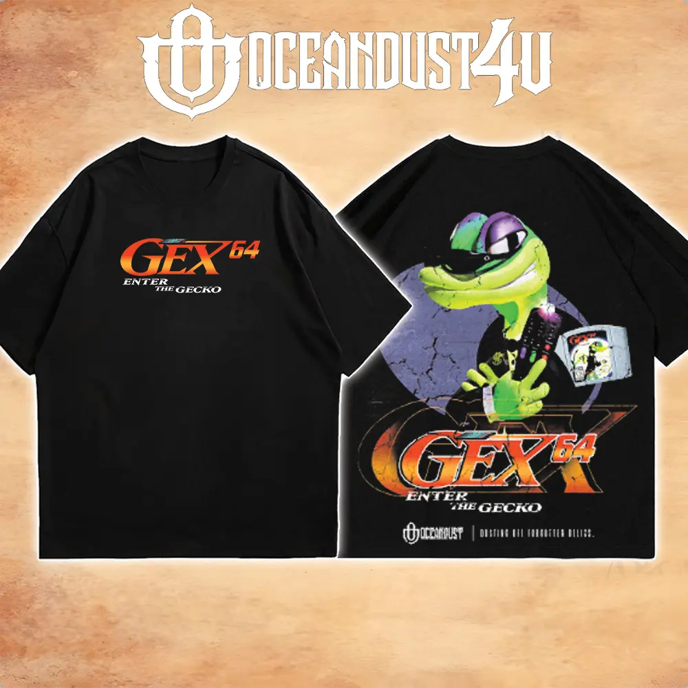 OceanMOB4U Gex 64 Enter the Gecko Black T-Shirt, Front and Back Graphic Tee, Retro Nintendo 64 Platform Game Shirt, Unisex Gamer Gift