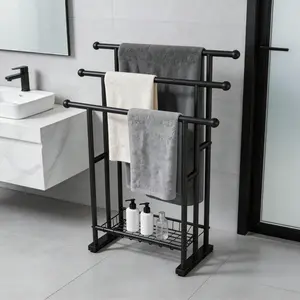 3-Tier Freestanding Towel Rack with Adjustable - 17.7"x12.6" Keep Towels Off Ground Clean, 3-Tier Adjustable Height, Oversized Bath Towel Holder with Detachable Storage Basket, Anti-Slip Leveling Feet, , Rustproof Powder Coated Alloy Steel