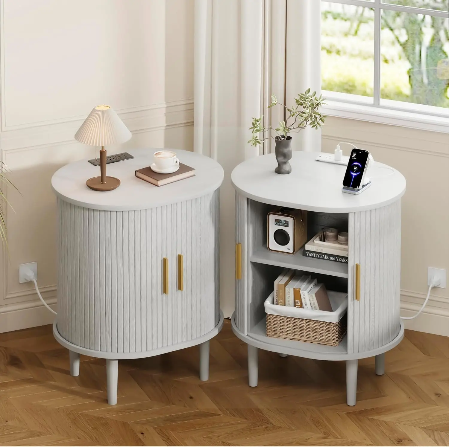 【Fluted Nightstand】DHH Oval End Table with Charging Station, Tambour Sliding Door & Adjustable Shelf, Bedside Table for Bedroom, Living Room