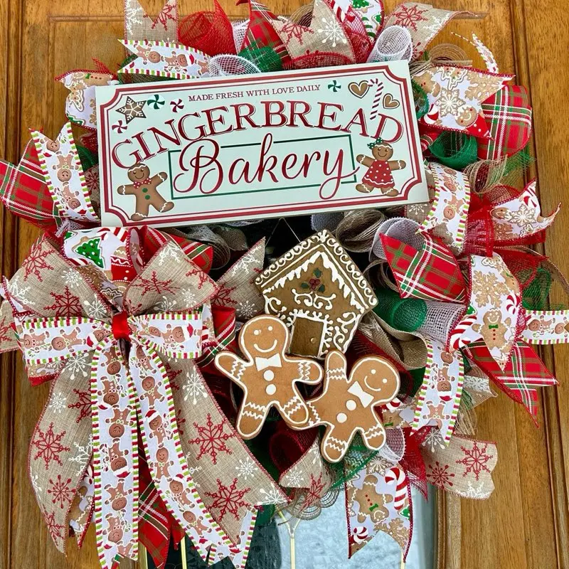 Handmade Gingerbread Bakery Themed Christmas Wreath with Festive Ribbons and Gingerbread Sign