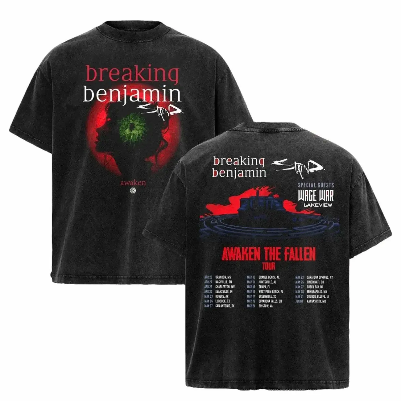 Short-Sleeve Breaking Benjamin Shirt - Awaken the Fallen Tour Washed Tee, Metal Rock Band Merch, Alternative Grunge Aesthetic Vintage 90s Graphic Top, Casual Fashion Streetwear Menswear EDZ