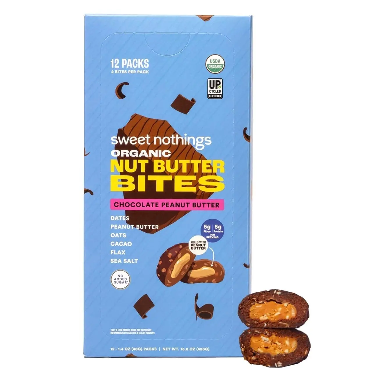 Sweet Nothings, Chocolate, USDA Organic Nut Butter Bites Protein Bar, Nut & Date Snack, Filled with Peanut Butter, 12-2 Bite Value Packs - No Added Sugar, Good Source of Fiber, Only 7 Ingredients