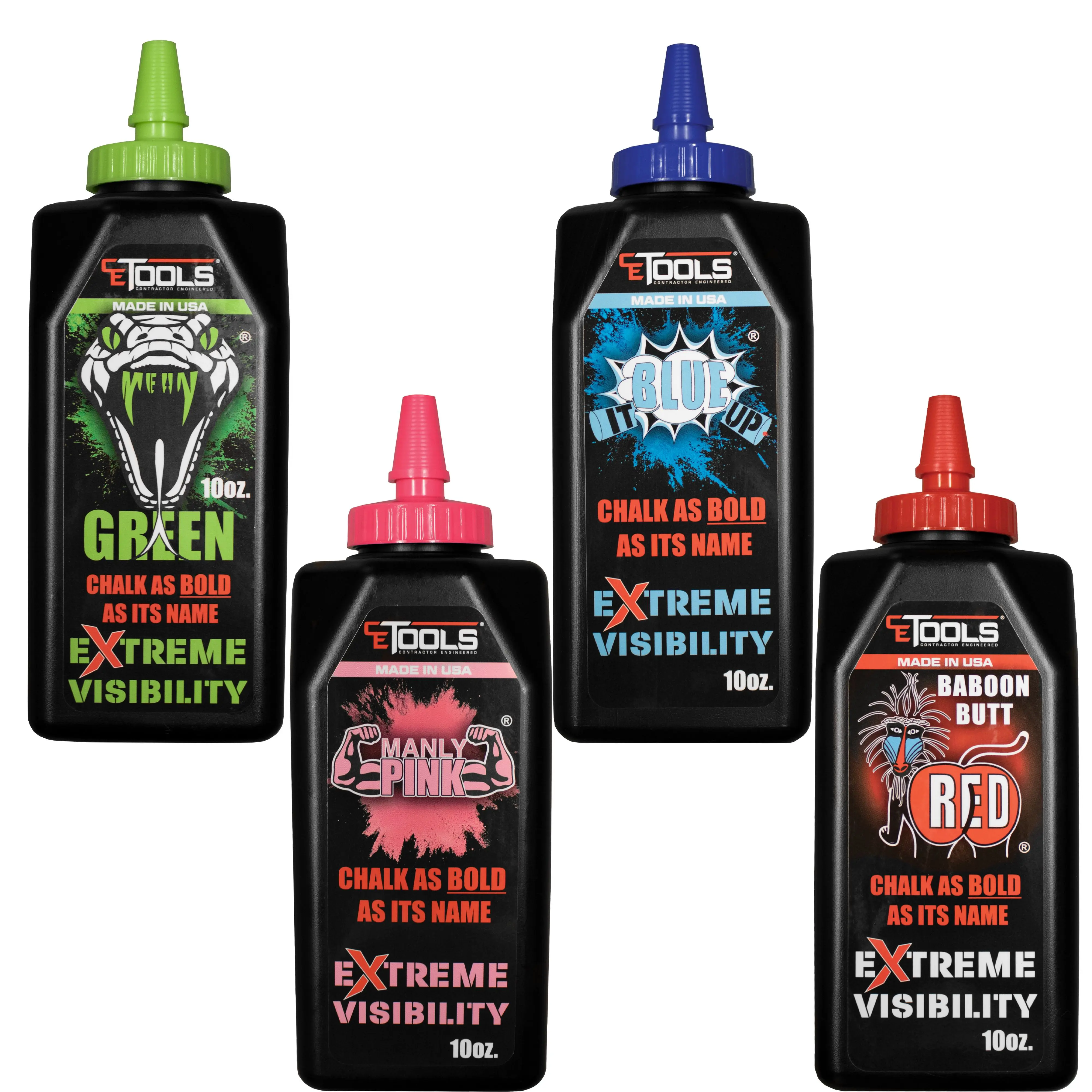 CE Tools Inc. Extreme Visibility Chalk Bundle - 4 Bottles, 4-10oz Each, Baboon Butt Red, Mean Green, Manly Pink, and Blue It Up