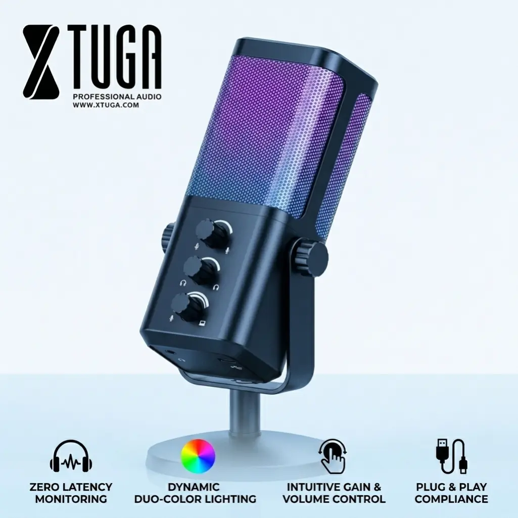 XTUGA M7 Wired USB Dynamic RGB Microphone for Gamers, PS5 Streaming Setup, with Headphones Port, Audio Plug, Noise Reduction, Mute Button, Adjustable Design, Windows/Android Compatibility