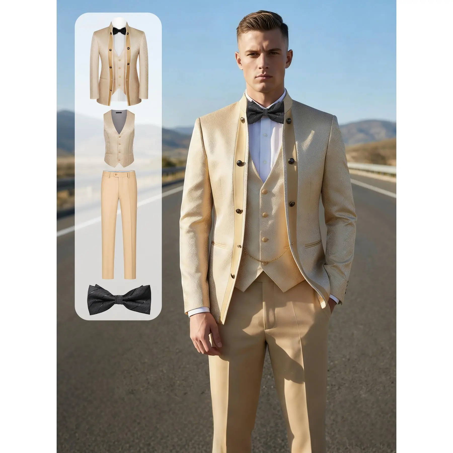 Men's Antique Brass Button 3-Piece Golden Champagne Natural Satin Jacquard Paisley Print Tuxedo Set - Mandarin Collar Long Sleeve Jacket, Vest, Black Bow Tie, Ready-to-Wear for Wedding, Outdoor Occasions
