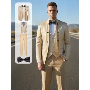 Champagne Jacquard Mandarin Collar 3-Piece Tuxedo + Black Bow Tie,Ready to Wear