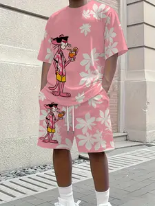 Summer Men's Fun Cartoon Sportswear Set, Streetwear Tracksuit Set, Short Sleeve T-Shirt & Floral Pants, Casual Summer Style for Travel