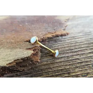 Gold IP White Fire Opal Minimalist Petite Custom Lengths Belly Ring 14g VCH Internally Threaded Piercing