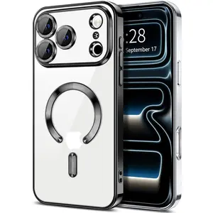 Luxury Magnetic Wireless Charge Plating Clear Phone Case for iPhone 17/16/15/14/13/12/11 Pro Max Plus Ultra-Compatible with Magsafe, Thin Soft TPU Shockproof Transparent Cover with Camera Lens Protector Film for iPhone 17 Pro Max