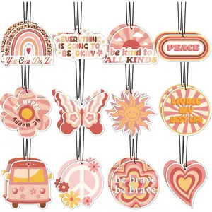 24 Pcs Boho Hippie Car Air Fresheners Bulk Cute Groovy Hanging Air Freshener Pink Rainbow Scented Fresheners Rearview Mirror Decor for Women Gift Car Accessories