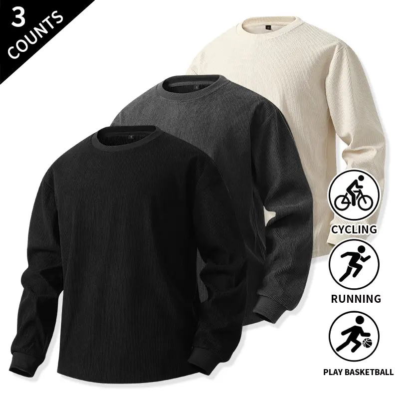 3-Pack Men’s waffle knit crew neck long sleeve shirts, loose fit, breathable athletic tees, solid basic everyday tops for running, cycling, basketball, outdoor casual wear