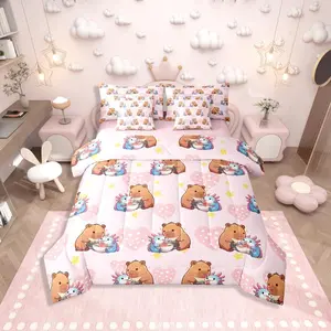 Girls Cute Capybara 7 Pieces Bedding Set,Axolotl Bed Bag,Capybara Feeding Noodles Salamanders Pink Comforter Bed Set with Sheets Star Polka Dot Love Bed Set