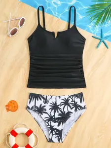 Tween Girls Black V-Neck Tankini | Modest One-Piece Swimsuit | Summer Beach Holiday Swimwear For Teens