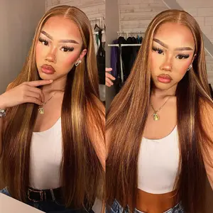 Pizazz Hair 13x6 Pre Bleached Honey Blonde Straight Full Lace Front Wigs Human Hair Pre Plucked For Momen 220% Density Highlight HD Transparent Lace Frontal Wigs with Baby Hair