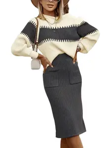 Women's Colorblock Striped Knit Sweater Dress Set, Elegant Goddess Style, Knitted Sweater and Skirt, Perfect for Daily Wear and Parties