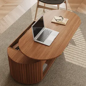 47-Inch Lift Top Wood Coffee Table with Hidden Storage Compartment and Open Shelf for Living Room, Fluted Oval Center Tea Table with Wooden Lift-Top for Apartment, Small Space, Light Brown Oak