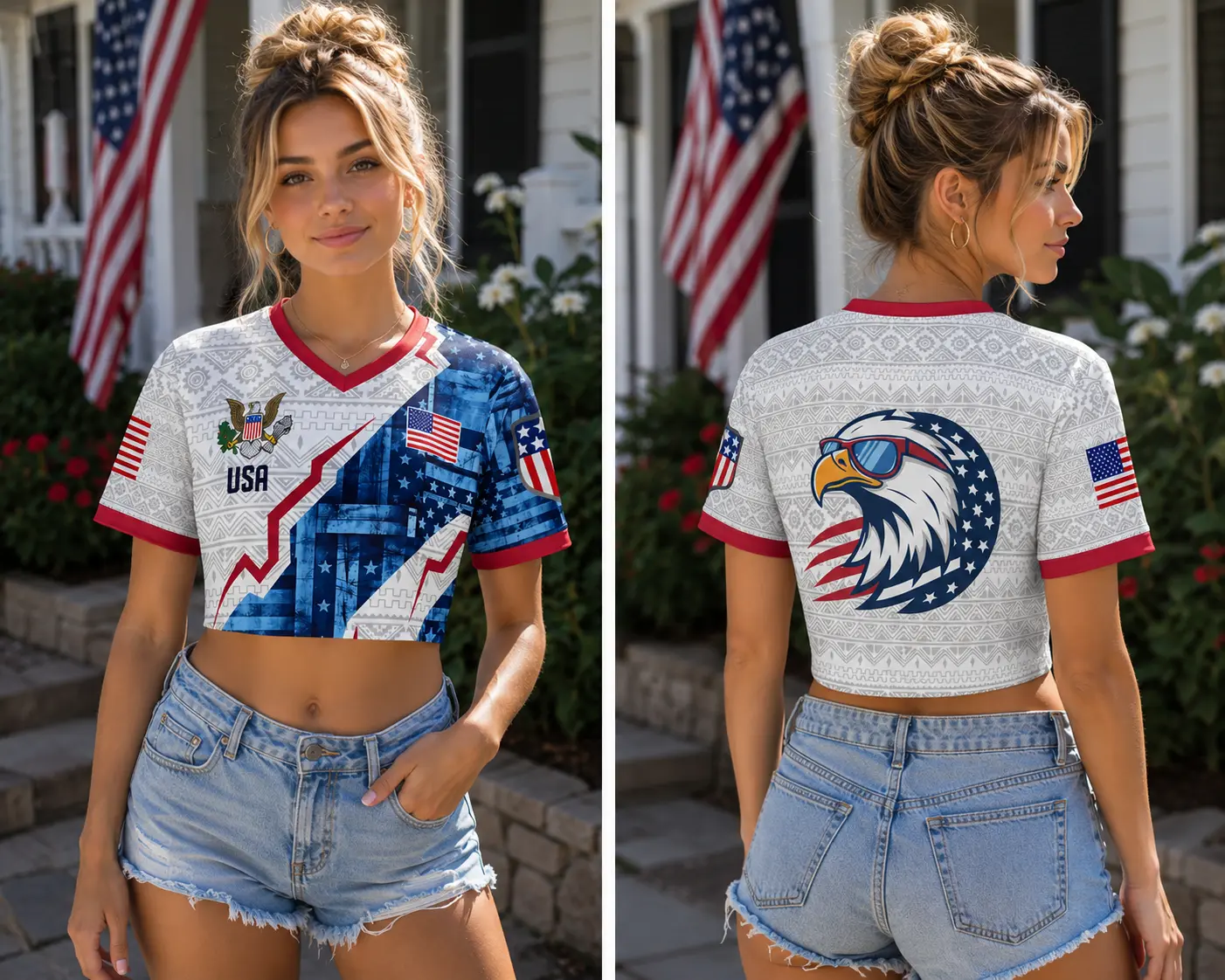 Couple USA Crop Top Soccer Jersey, USA Flag Bald Eagle Matching Shirts for Men & Women, Graphic Soccer Jersey,  Game Day Outfit Idea, Short Sleeve Sports Top, Gift