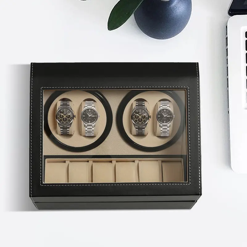 CNCEST 10-Piece Rectangle Automatic Rotating Watch Winder Box - Detachable, Dust-Proof, Flexible, Modern, Bidirectional Rotation, Glass Display, PU Leather Interior Organizer, Watch Protector, Unisex Gift for Men/Women (Christmas, Birthday, Anniversary)