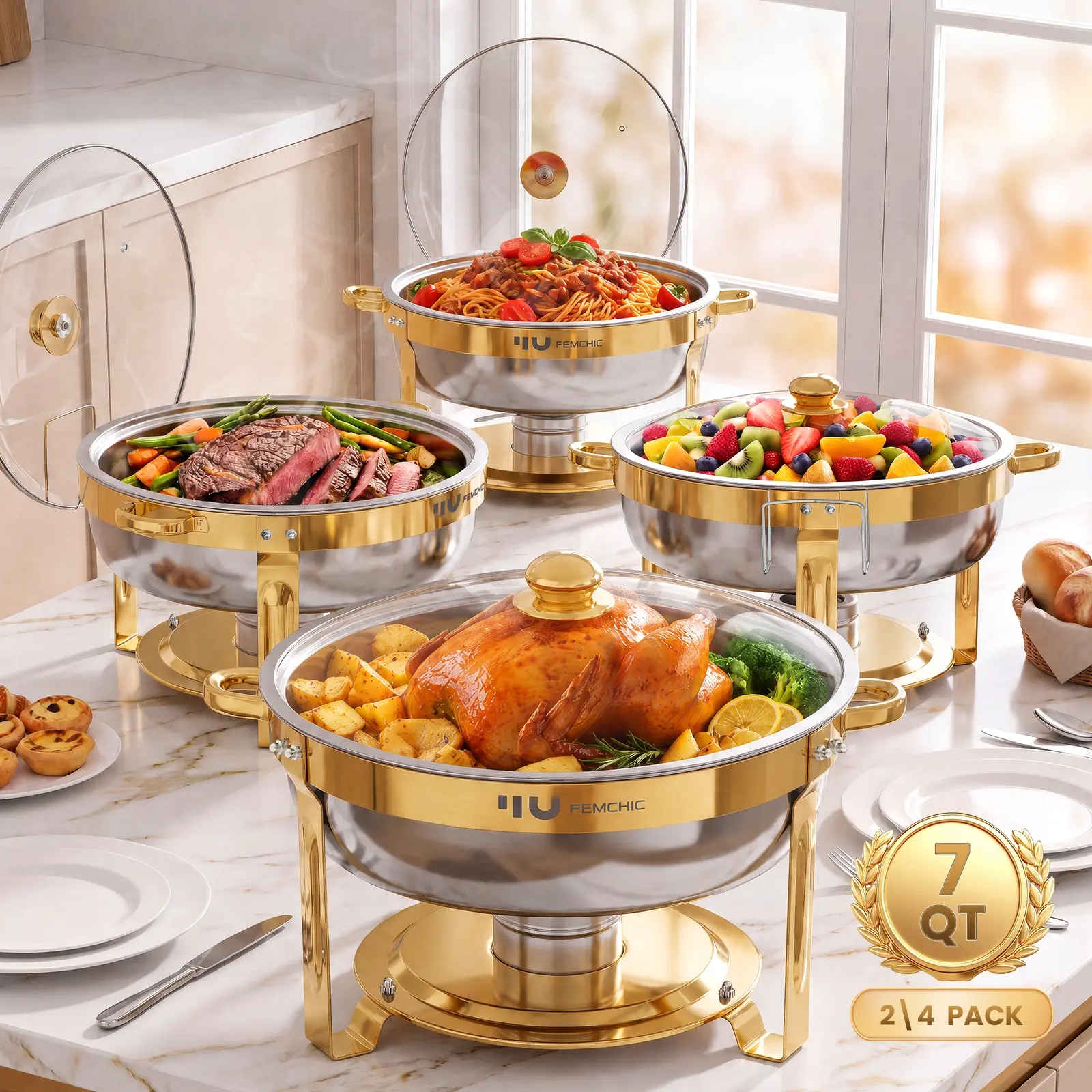 Femchic 7QT Chafing Dish Buffet Set, 2/4 Pack Stainless Steel Round Chafer Set with Glass Lid, Stackable & Smooth Rim, Dishwasher Safe, for Catering, Parties, Weddings & Holiday Gatherings (Gold or Rose Gold)