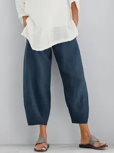 Women's Loose Casual Elastic Waist Cotton Wide-Leg Cropped Pants