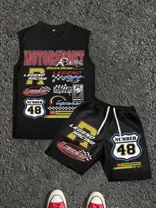 Men's Casual Geometric Patterned Tank Top and Drawstring Waist Shorts Set, Racing Style Print, Daily Wear, Fashionable Comfort Design, Ideal Gift