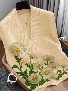 Women's Deep V Neck Sleeveless Knitted Vest, Daisy Floral Print, Thin Casual Layering Top, Perfect for Spring Summer Fall