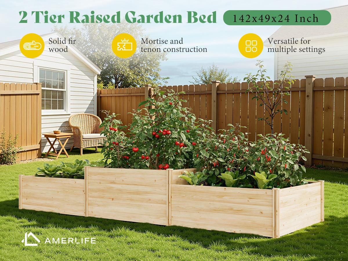 [Spring Sale] AMERLIFE 2 Tier Raised Garden Bed, Mortise & Tenon Structure 23 Inch Depth Fir Wood Planter Box, 3-Section with Open Base, Ideal for Vegetables, Flowers, Herbs in Backyard/Garden/Patio, 142x49x24 in