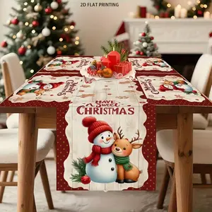 2D flat printing, set of 1 piece/4 pieces/6 pieces/5 pieces/7 pieces, Christmas gingerbread snowman reindeer table flag placemat set, holiday table decoration, including gingerbread, holly berries, and checkered patterns, Christmas party