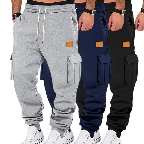Sohochic Men’s Multi-Color Cargo Jogger Sweatpants - Leather Logo Detailing, Large Side Pockets, Drawstring Elastic Waistband, Loose Casual Athletic Long Pants