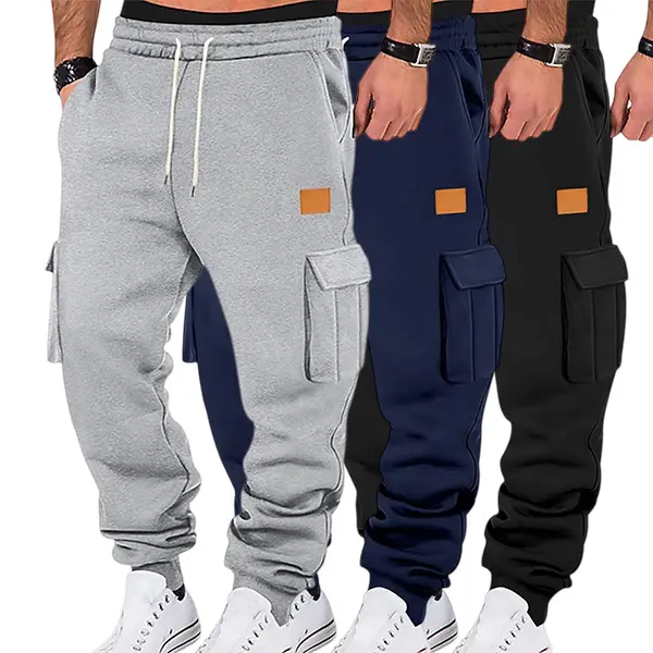 Men’s multi-color cargo jogger sweatpants with leather logo detailing, large side pockets, drawstring elastic waistband, loose casual athletic long pants