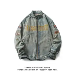 American Retro Fashion Patch Embroidery Zipper Denim Jacket Men 2025 New High Street Motorcycle Loose Jeans Jackets Men Blue Menswear