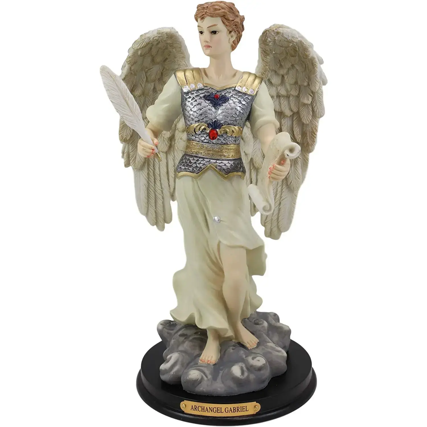 Religious Byzantine Archangel Saint Gabriel Figurine, 12 in H, with Brass Plate, Wooden Base for Home Decor