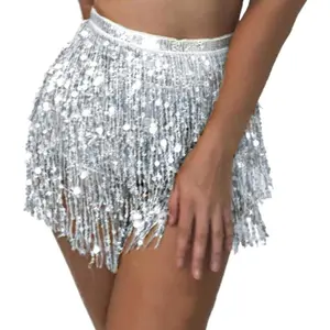 Sparkly Sequin Tassel Hip Skirt for Women, Festival Party Costume, Rave Belly Dance Wrap Scarf