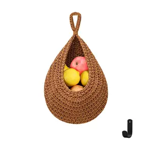 Boho Hanging Fruit Vegetable Basket with Strong Hook, 10in Handwoven High Elasticity Hanging Teardrop Design Wall Hanging Basket for Fruits Vegetable Potato Onion Storage(1 PC, Caramel)