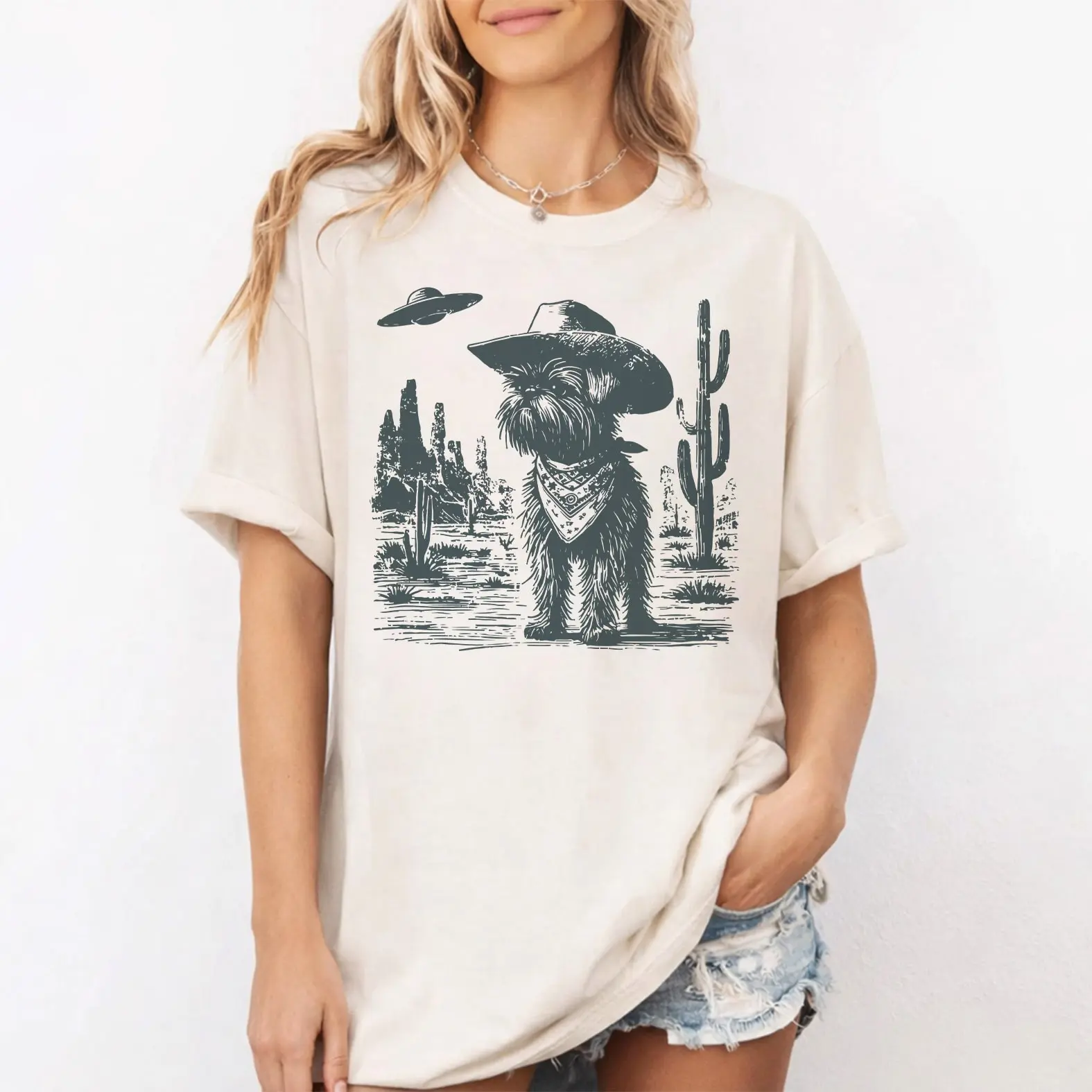 Comfort Colors Cowboy Brussels Griffon Shirt, Western Dog in Desert with UFO Graphic Tee, Retro Sci-Fi Brussels Griffon Lover Gift